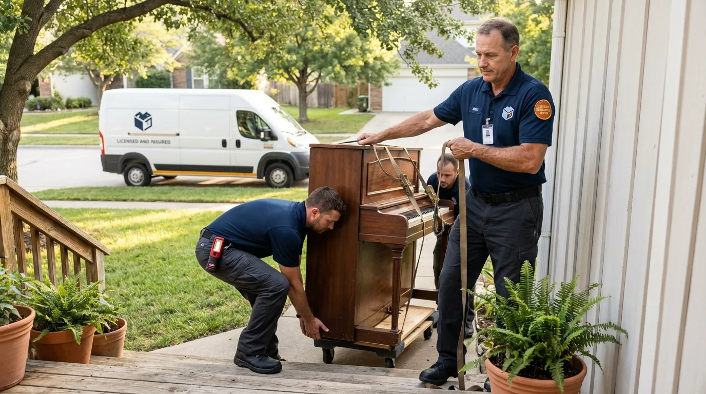 Licensed piano movers securing grand piano in Cortland, OH
