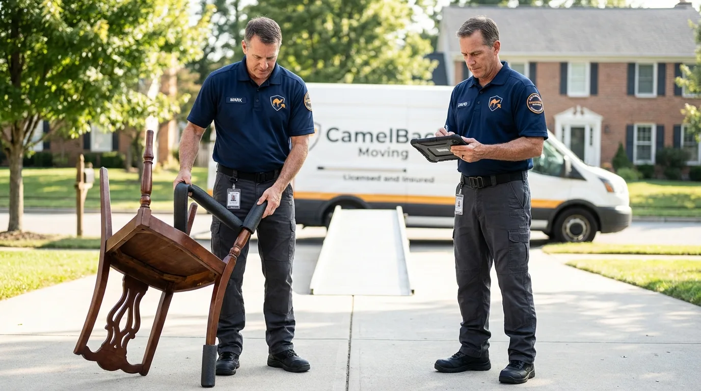 Movers inspecting furniture for damage prevention before loading in Cortland, OH
