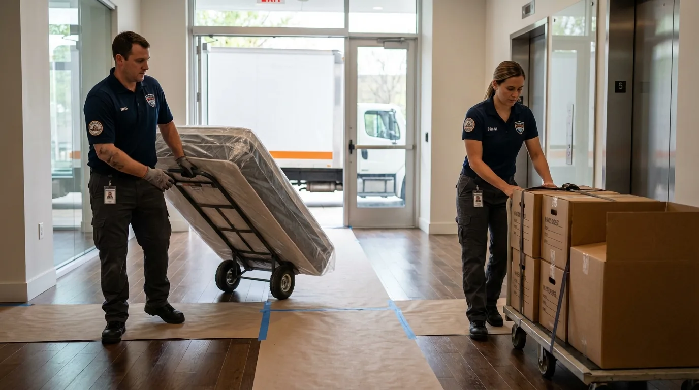 Professional apartment movers loading elevator in Cortland, OH